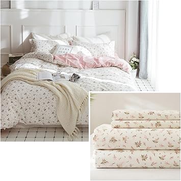 HighBuy Floral Girl Duvet Cover Set Full Size White Pink Coquette Bedding Set with Sheet Set 7 Piece,1 Duvet Cover,1 Flat Sheet,1 Fitted Sheet,4 Pillowcases