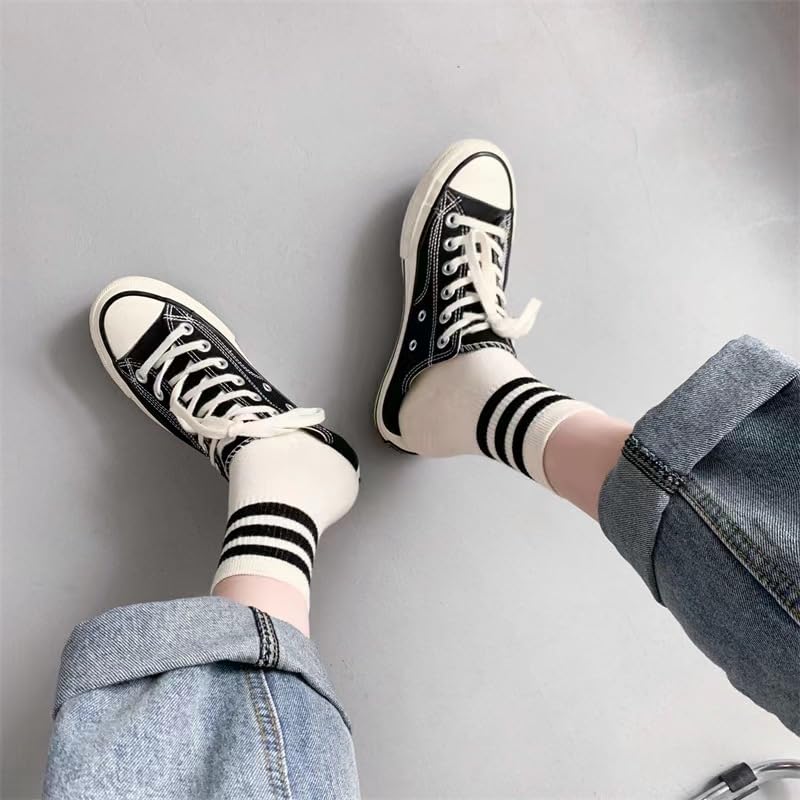 NANAGO 6 PAIRS Black White Striped socks, Retro Crew Socks for Men & Women,spring and summer SIZE 9-112