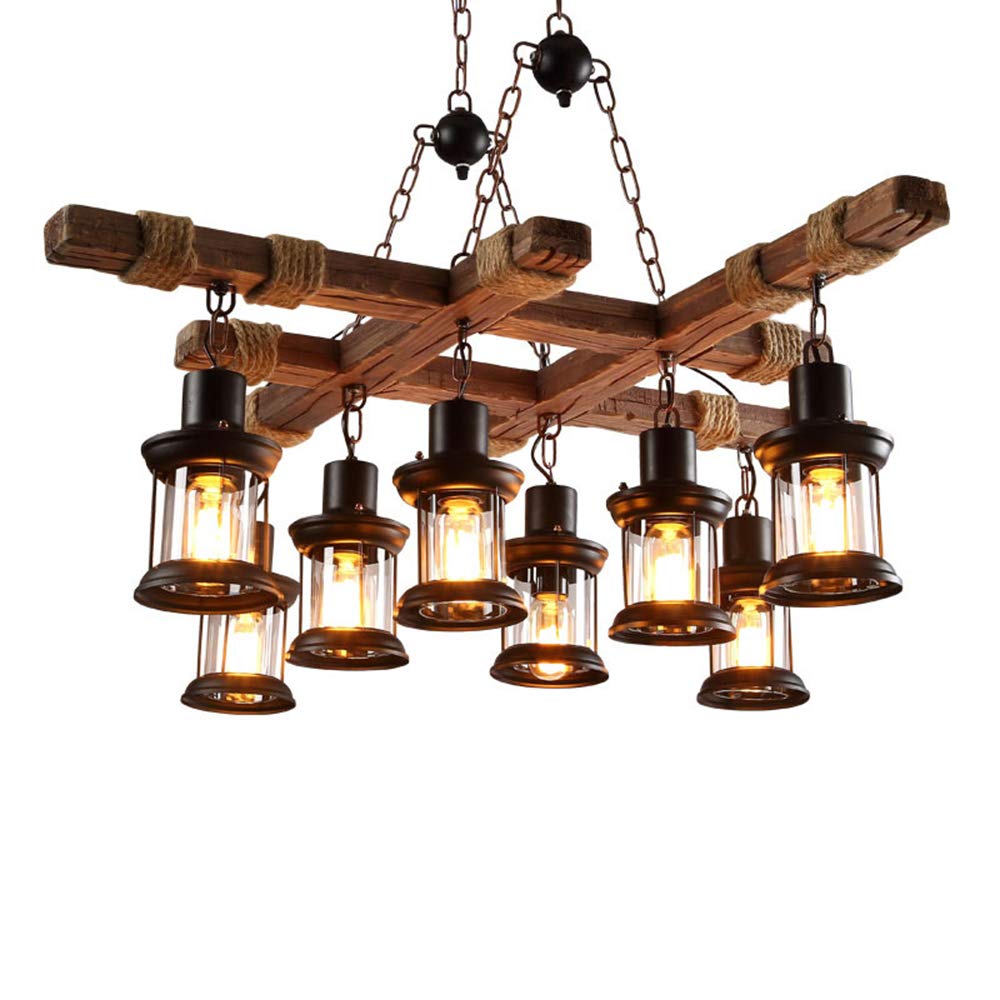 Farmhouse Chandelier Wood Hanging Pendant Lighting Vintage Ceiling Light Fixture 8 Heads for Bar Coffee Dining Table Kitchen Island Bar Easy to