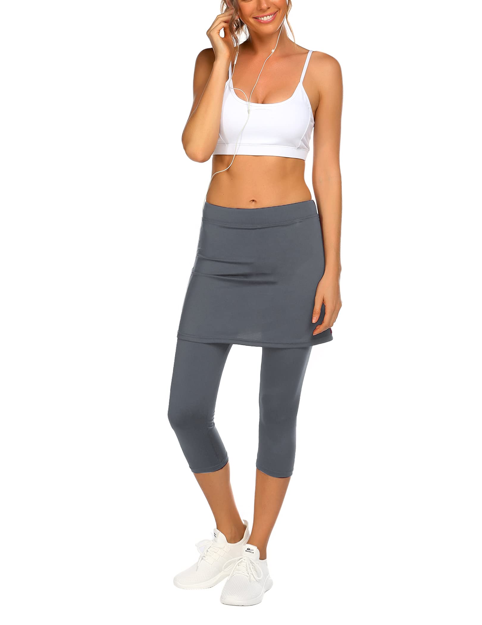 Vantor Damskie sportowe Skort Legginsy do biegania Skort ze spódnicą Spódnice do tenisa Spódnica hokejowa Obcisłe Capris Gym 3/4 Spodnie do jogi z kieszeniami i gniazdem słuchawkowym