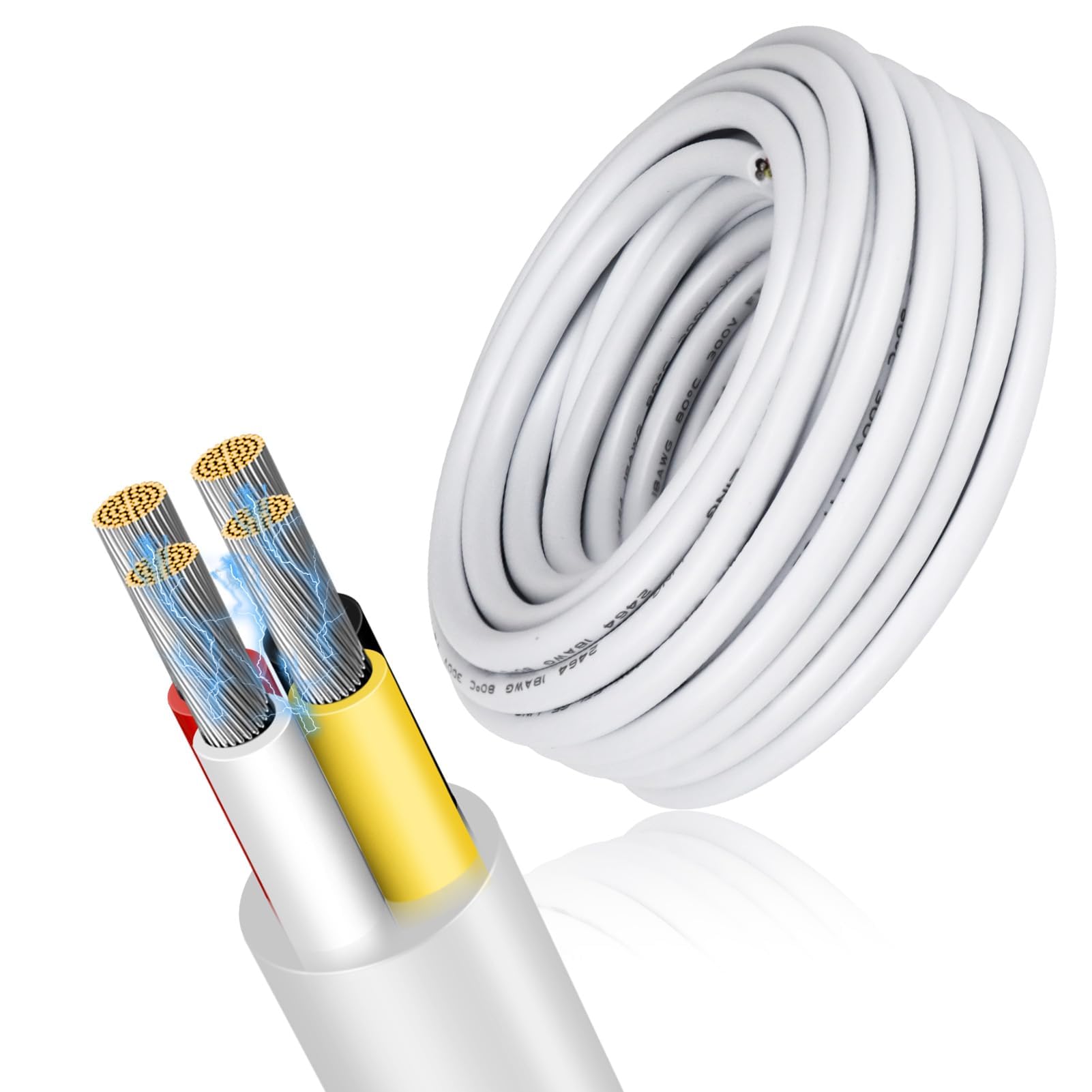 18 Gauge 4 Conductor Electrical Wire, 49.2FT Low Voltage 18/4 Tinned Copper Stranded 4 Wire Cable, 18 AWG White Flexible Extension Power Cord for