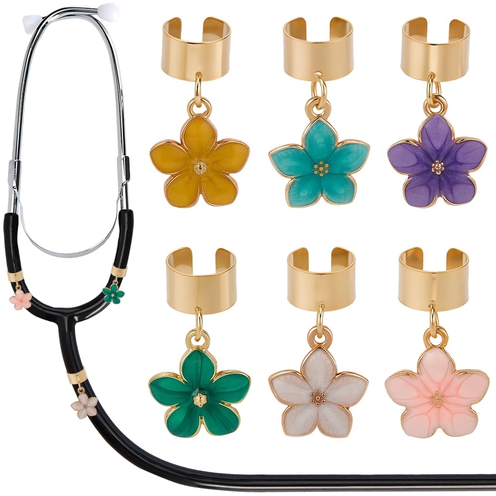 6 etiqueta de Identificación para Estetoscopio de 6 colores con Diseño de Flor de Aleación de Oro Esmaltada de 5 pétalos de Colores Variados Personalizada Ideal Como Accesorio para Enfermeras