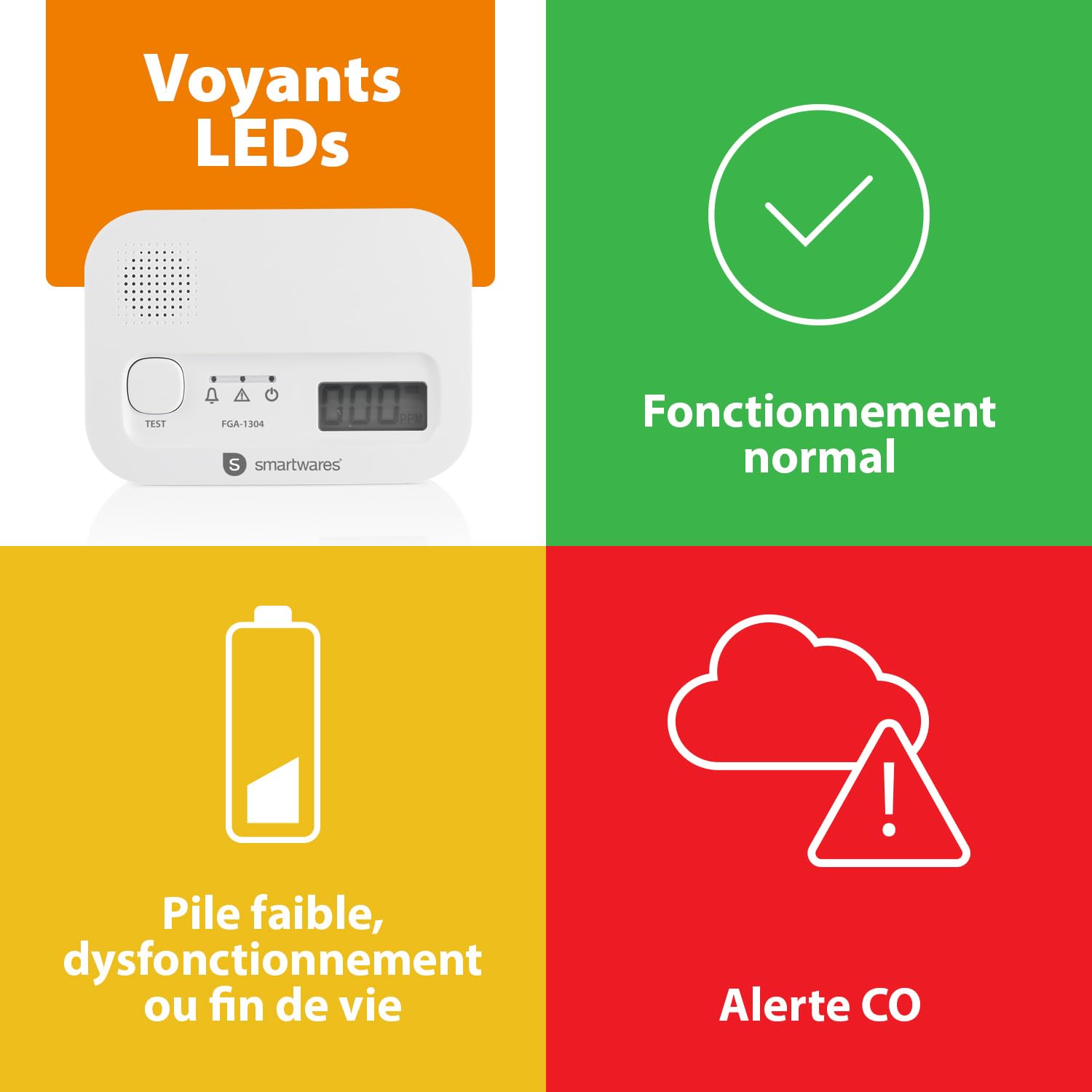Smartwares Détecteurs de monoxyde de carbone FGA-13042 - Lot de 2 - Capteur 10 Ans - Piles 3 Ans - Avec écran et bouton de test Blanc