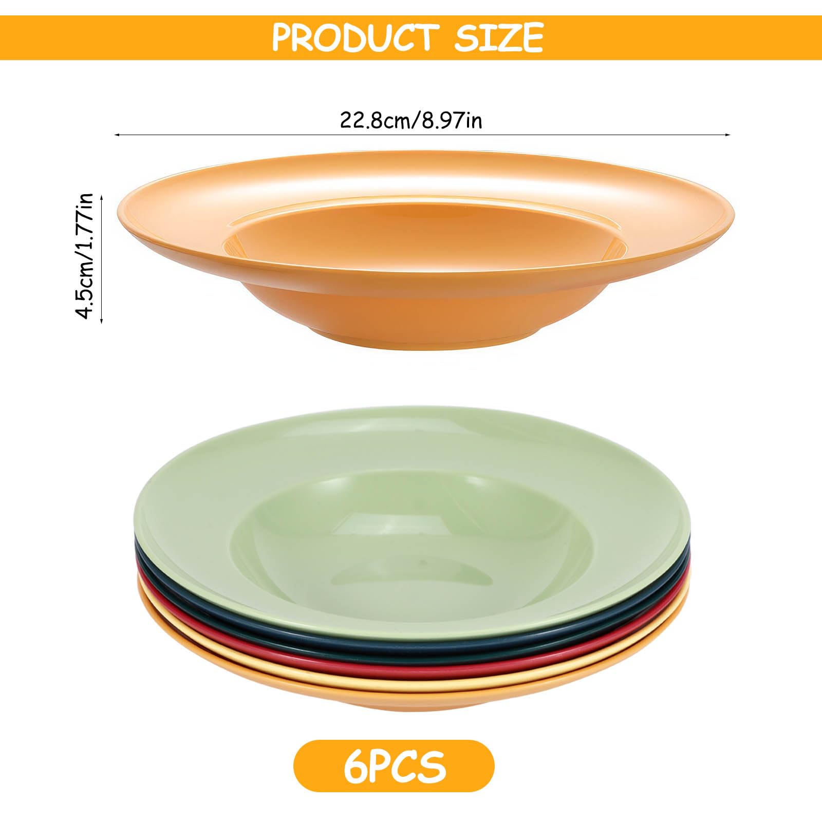 DEECOZY Lot de 6 assiettes creuses, creuses, Ø 23 cm, réutilisables, assiettes creuses, assiettes à salade, pour restaurants et usage domestique (6 couleurs)