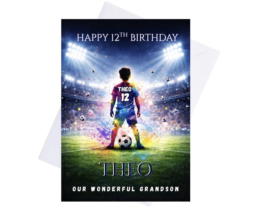 Personalised Football Birthday Card Neon Style, A5 Size, 300gsm with Envelope, Custom Name, Number and Age. Grandson, Nephew, Son