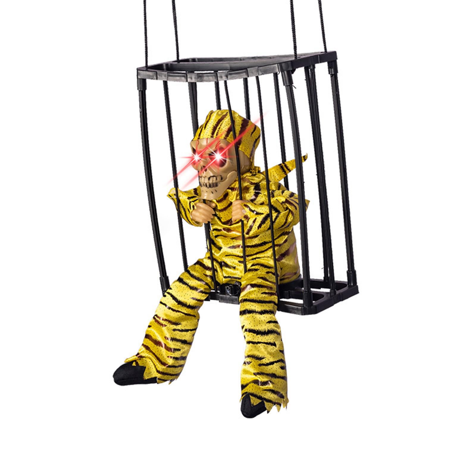Screaming Skeleton Prisoner Halloween Decorations with Motion Sensor, LED Light Up Eyes & Spooky Sound, Halloween Animatronics Hanging Ghost Cage for Indoor Outdoor Haunted House Decor (H)