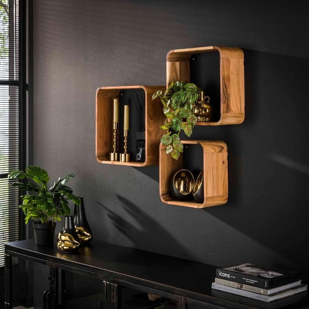 RINGO-Living Quadtratisches Regal Massivholz mit 3er Set, Hängende Kommode Hartholz, Wandregal Blumentopf Ablage mit Stauraum, Küchenregal Rund, Designer Wandregal Rund Dekoration Echtholz
