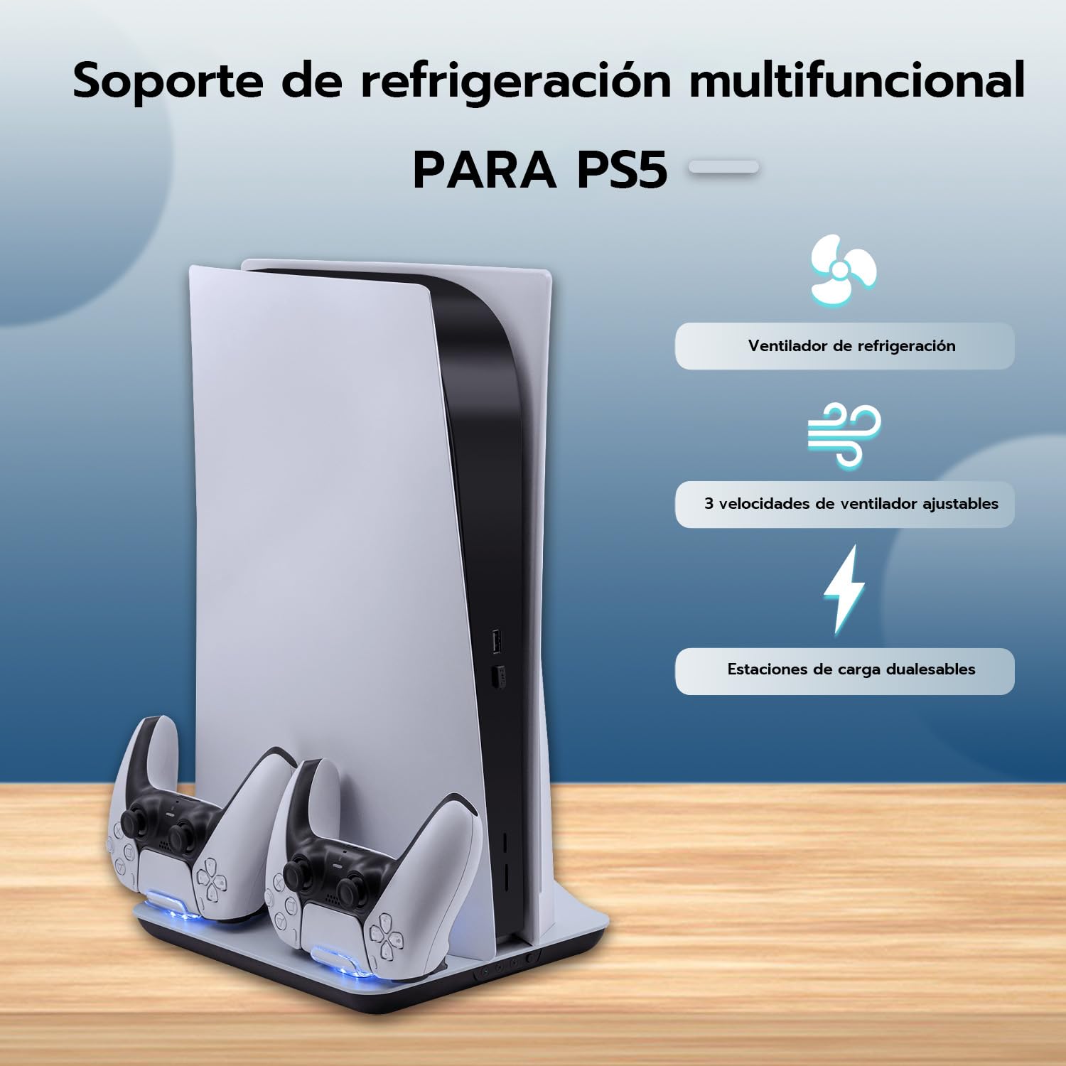 Mcbazel - Estación de Carga Vertical para Consola PS5, Soporte Multifuncional con luz Azul y LED, Carga rápida para mandos de Juego para Consola PS5 - Blanco (no para PS5 Slim)