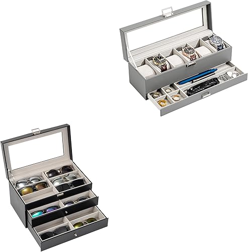 ProCase Vitrina de reloj de 6 ranuras con cajón con 18 ranuras organizador de gafas de sol