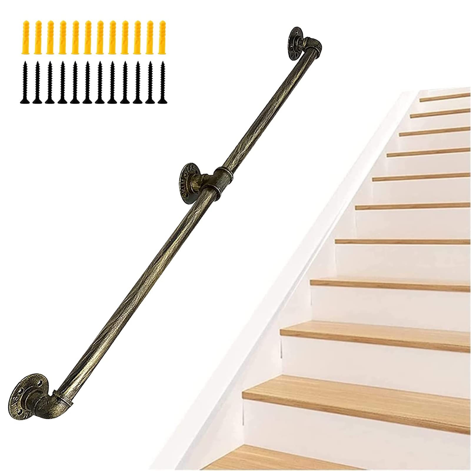 Rampe d'escalier en laiton antique 240 cm avec fixation murale et balustres