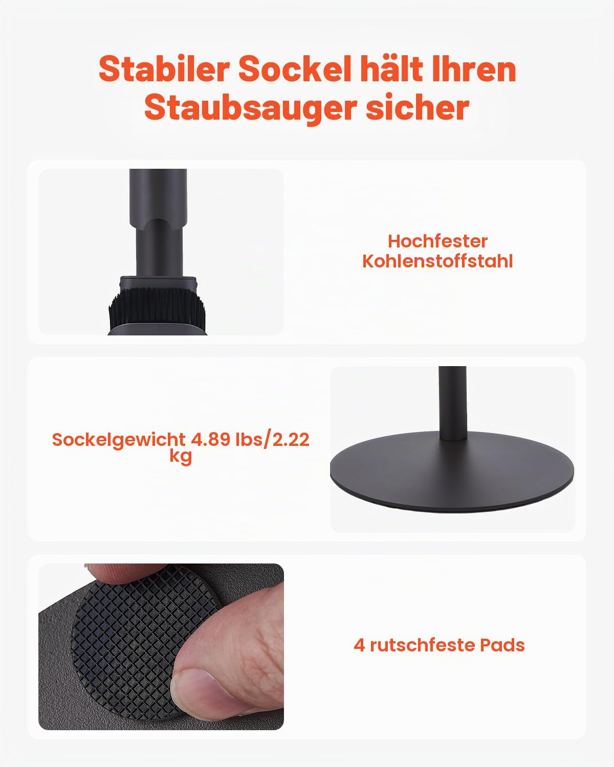 VEVOR Staubsaugerständer 298x298x1260 mm, kompatibel mit Staubsaugern & Zubehör der Serien V7, V8, V10, V11, V12, V15, mit 4 Anti-Rutsch-Pads & 3 Clips zur Aufbewahrung von 6 Bürstenköpfen