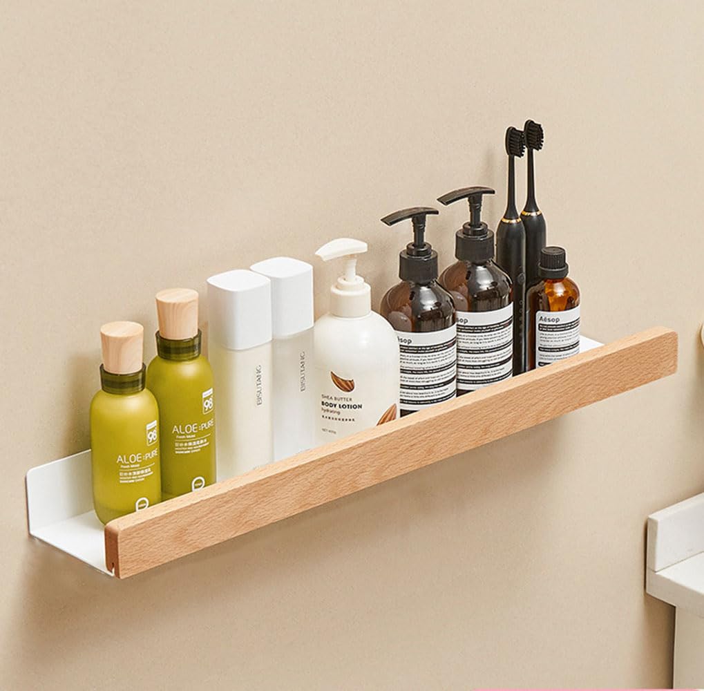 Wall Mounted Floating Metal Shelf Ledge,White Bathroom Shelf Wall Mount Shelf Decorate with Solid Wood Edges Space Saving Rustproof Extra Strong Floating Shelves Storage Rack(60CM)