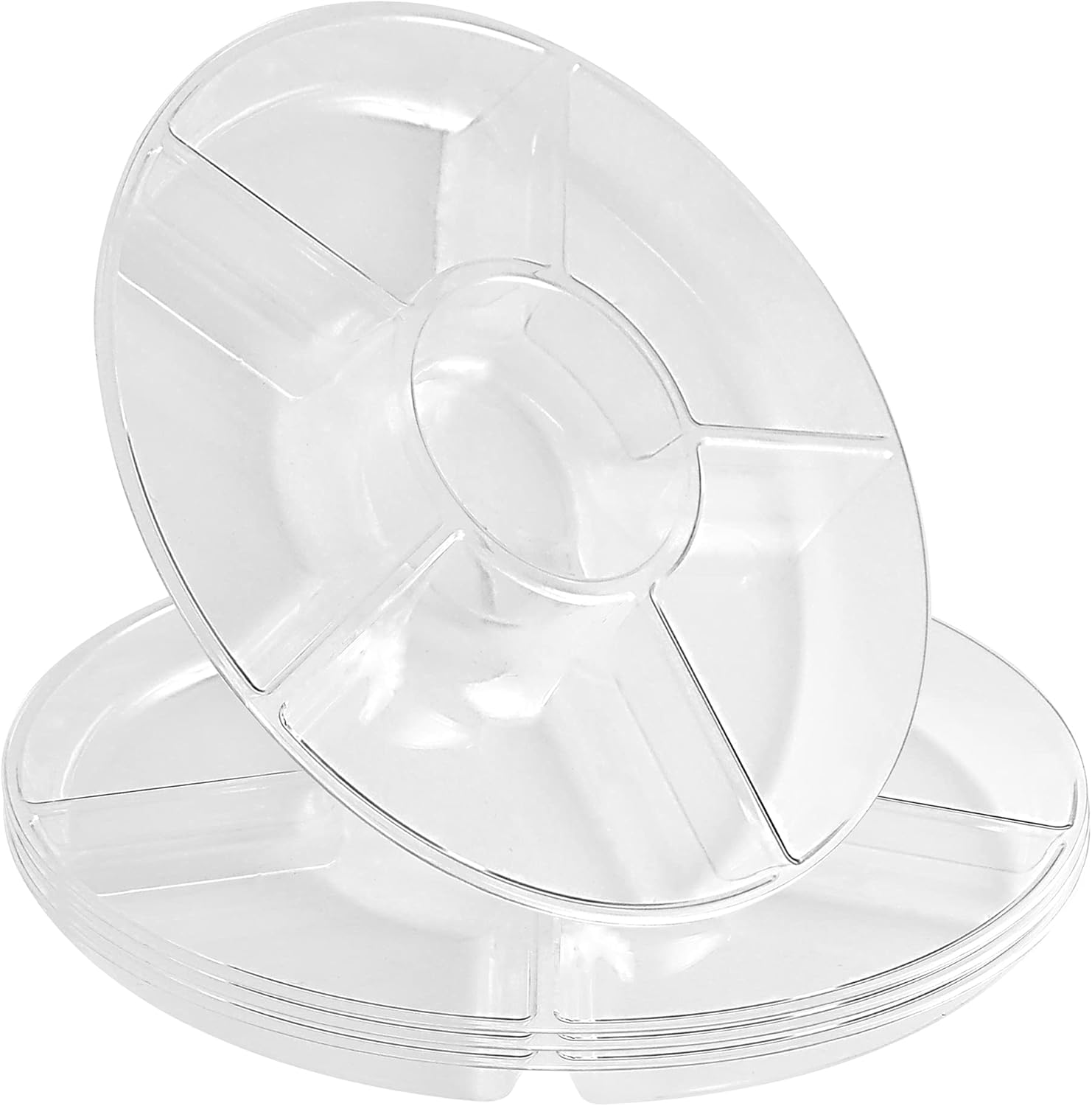  | Party Bargains 6 Sectional Round Plastic Serving Tray, Size: 12 inch, Color: White/Silver, Pack of 4: Platters