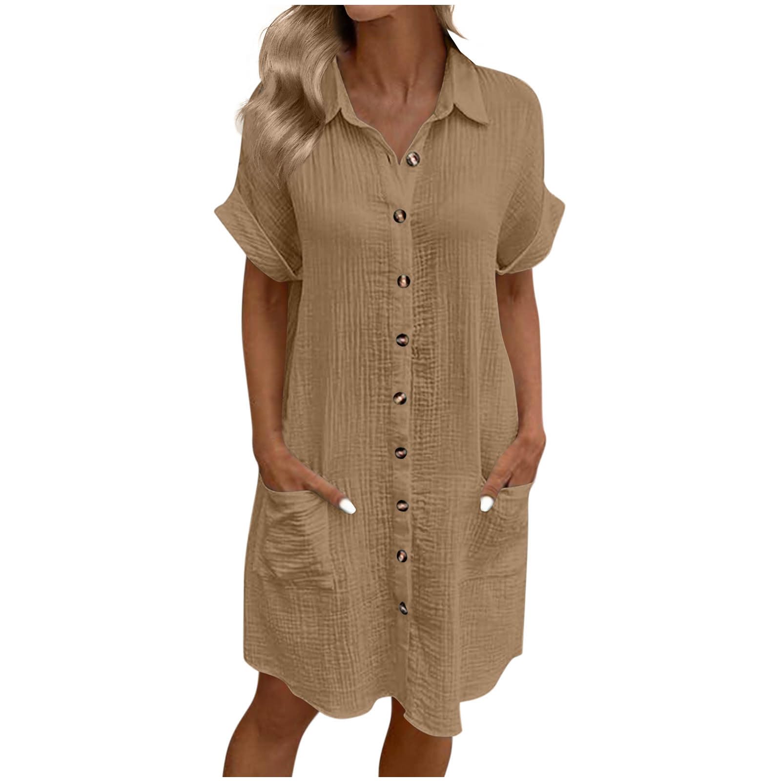 Summer Dresses for Women 2025 Elegant Button Down Turtleneck Dress Casual Solid Color Short Sleeve Vacation Sundress Khaki XL