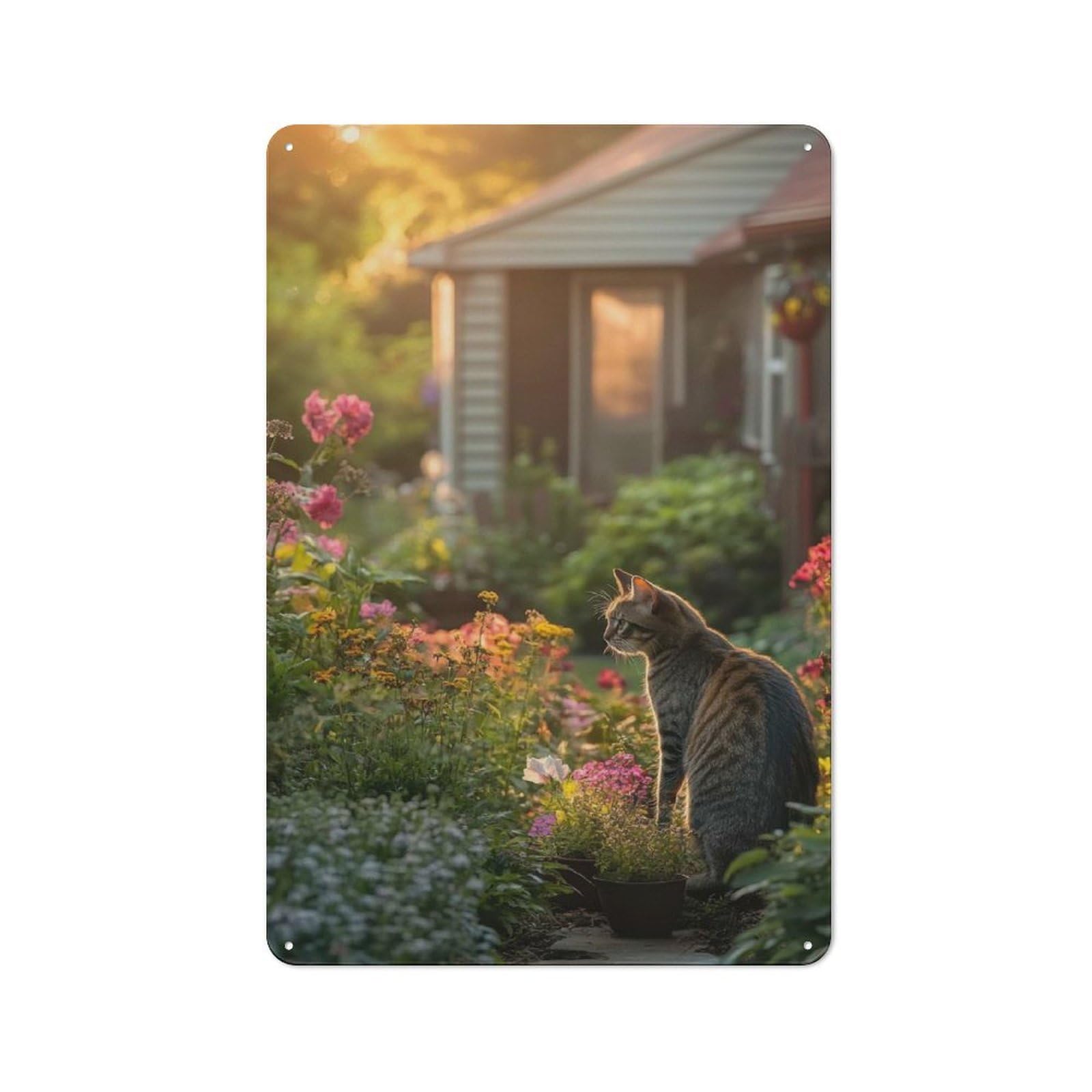 Tin Wall Plaque 30x20cm with Cat in A Garden at Sunset for Living Room Or Hallway, A Decorative Christmas Gift for Home Wall Decor Collectors