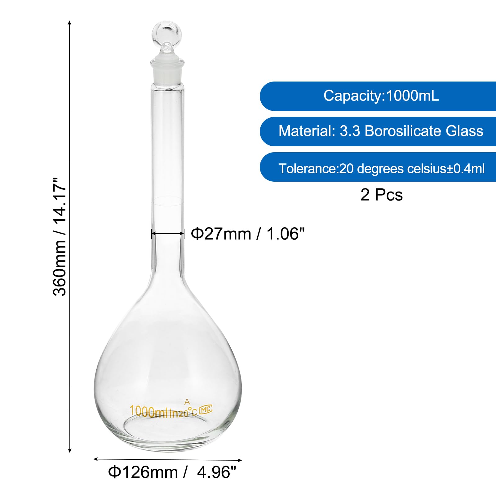 PATIKIL Matraccio Graduato da 1000ml, 2Pz Matraccio Graduato Graduata in Vetro Borosilicato 3.3 con Tappo in Vetro Tolleranza 0.7ml per Esperimenti di Laboratorio, Trasparente