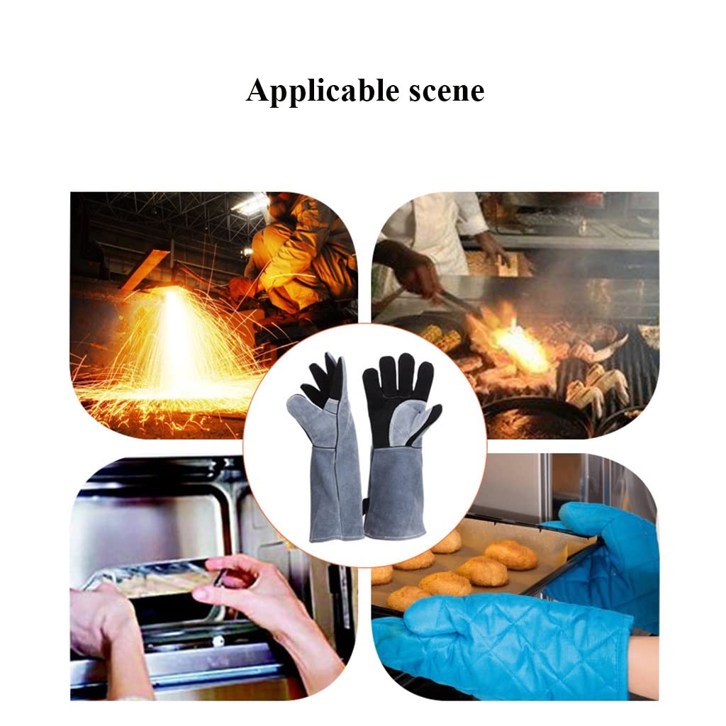 Schweißerhandschuh aus Rindsleder Hitzebeständig Dauerhaft Widerstandsfähiges Leder Handschuhe Schmieden Langarm für BBQ-Küchenofen,Camping, Grillofen Kochen (Color : Black)
