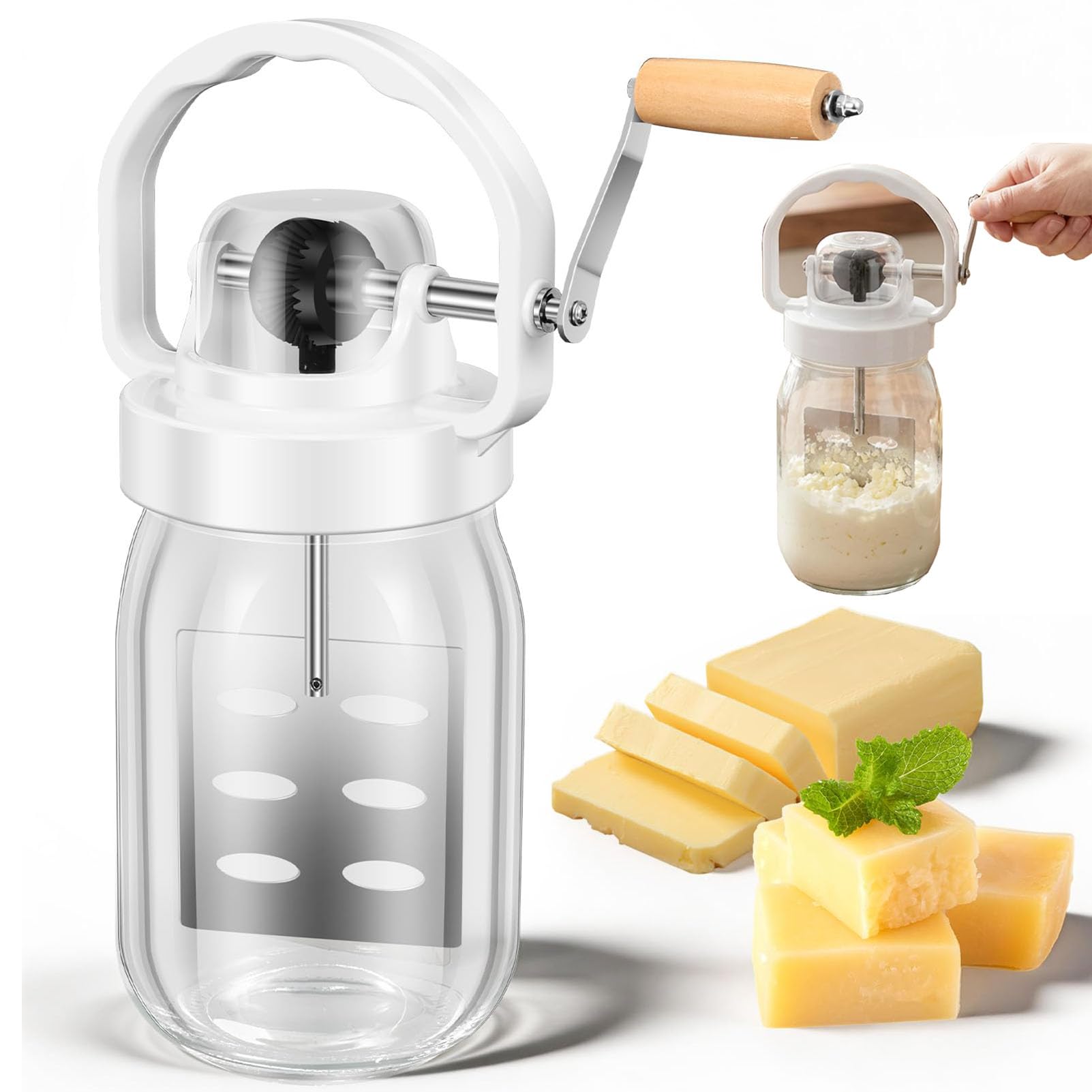 Batidora manual de mantequilla clásica de 1,5 l con mango de madera y tarro de vidrio, herramienta de manivela para cocina y hornear