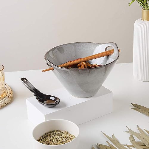 Miniatura 5 de KOOV Juego de 2 tazones y cucharas de ramen de porcelana, cuencos de fideos japoneses para ramen con palillos y cucharas, cuenco de fideos profundos