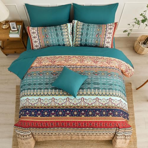 Image of Boho Comforter Set California King Size 8 Pieces,Green and Brown Bohemian Striped Bed in a Bag,Floral Soft Microfiber Bedding Comforter Set for All Seasons