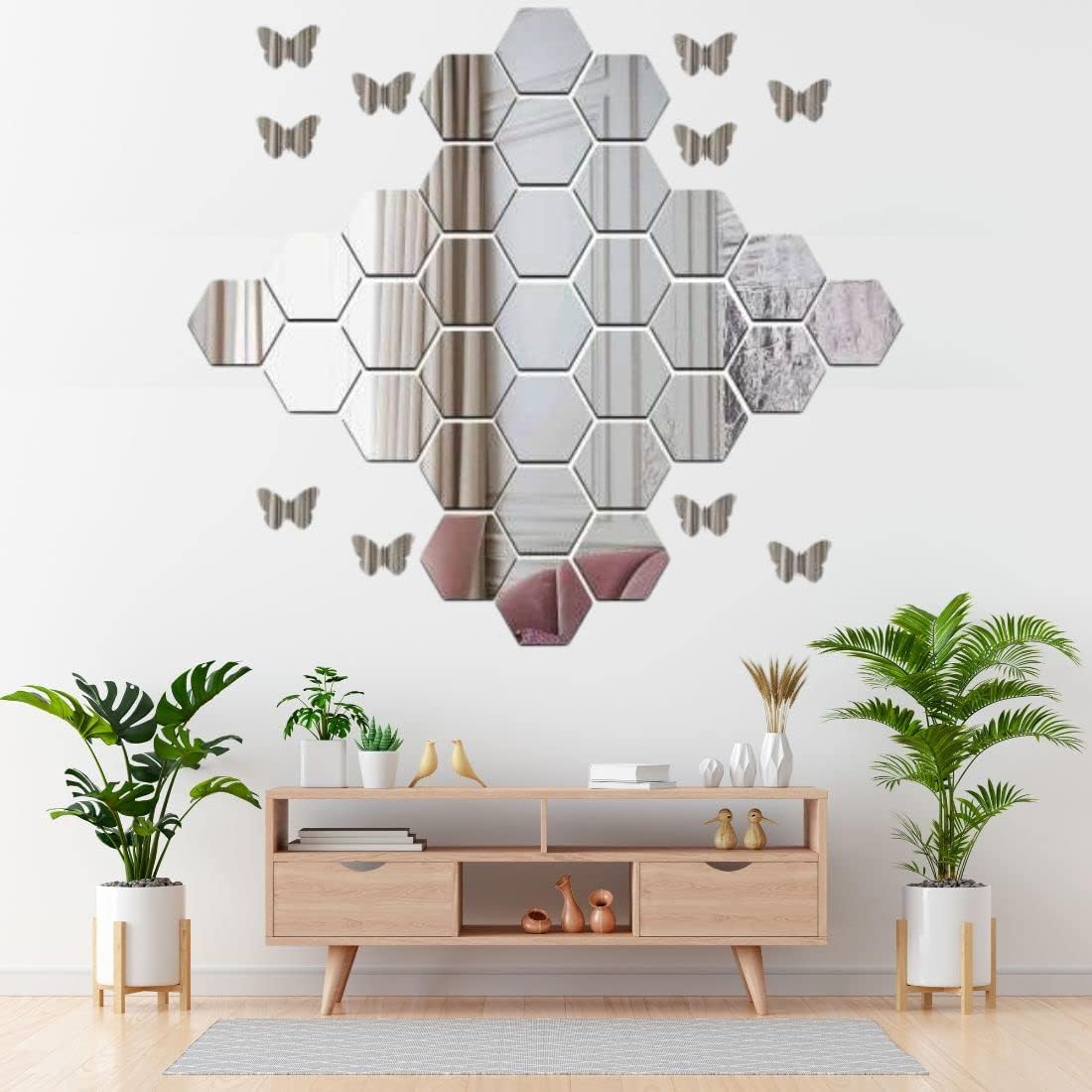 WallMarvel - Hexagon 28 with 10 Butterfly 3D Acrylic Hexagon Mirror Stickers for Wall – Decorative Acrylic Stickers for Bedroom, Living Room, Home, Office & Hall Décor (Silver)-image-4