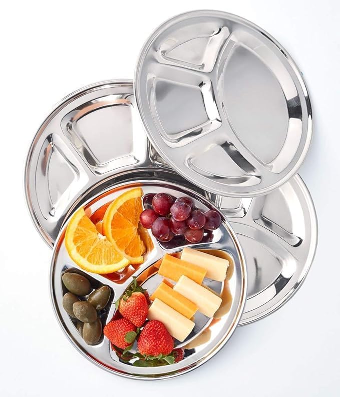 Lot de 4 assiettes à déjeuner rondes indiennes en acier inoxydable 4 en 1 pour la maison, restaurant, pique-nique, camping