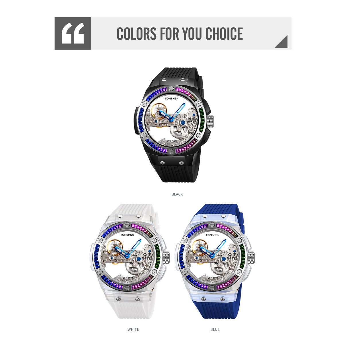 TONSHEN Fashion Acero Inoxidable Relojes da Unisex Analógico Automático Maquinaria Impermeable Reloj de Pulsera Goma Correa Hombres y Mujeres