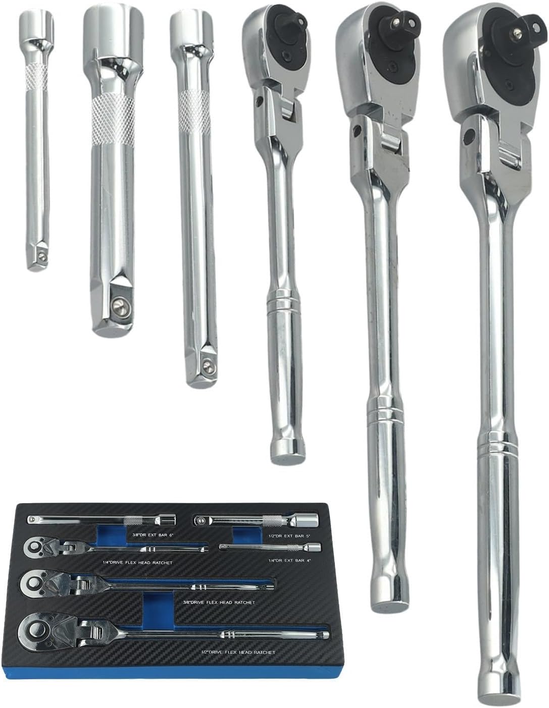 6-Piece Head Ratchet Set, 1/4 3/8 1/2 Inch Drive, 72-Tooth Quick-Release Swivel Extension Bar Kit Tight, Steel