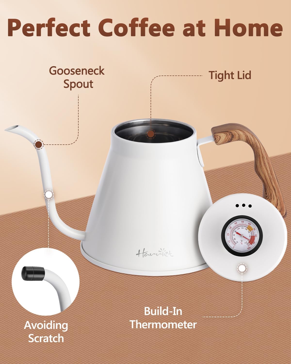 Harriet Gooseneck Kettle with Thermometer for Pour Over Coffee and Tea, 37 fl oz, Stainless Steel, Durable 3-Layer Base, Ideal Spout for Precision Pouring, Compatible with all Stove Tops, White