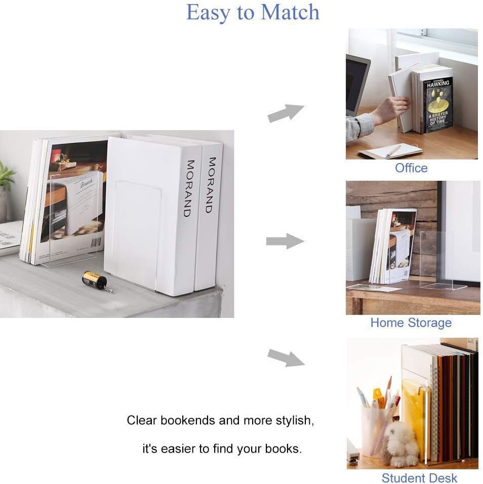 MerryNine Plastic Acrylic Bookends Pair Organizer Bookshelf Decor Decorative Bedroom Library Office School Supplies Stationery Gift (Plastic Acrylic_6 Pairs)