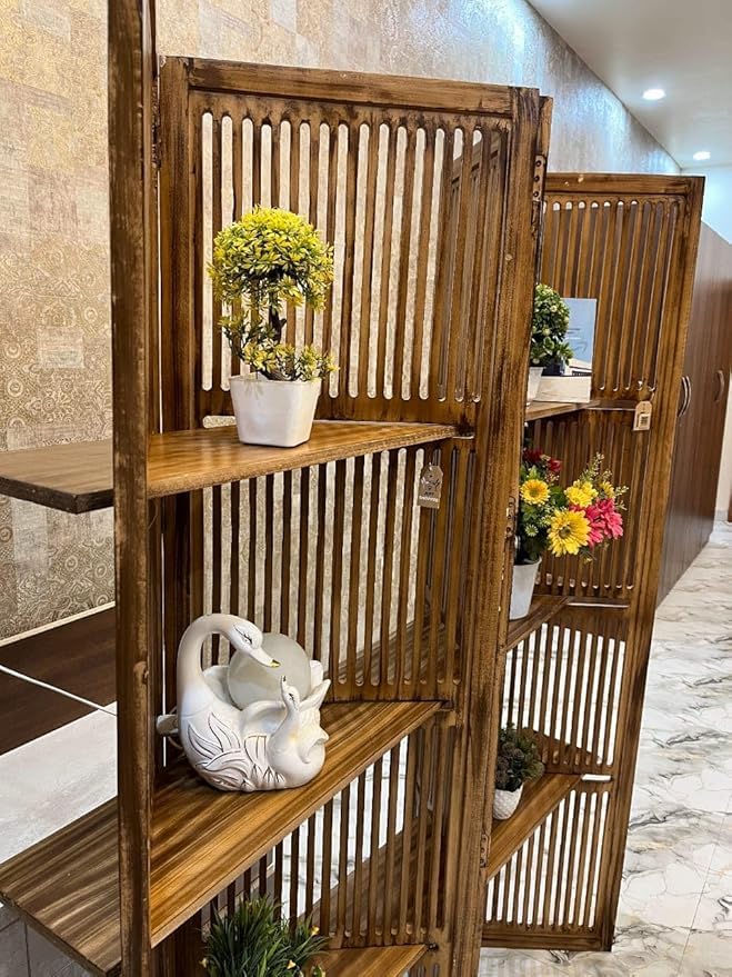 Image of Wooden Partition Divider for Living Room, Partition Wall, Privacy Divider, Freestanding Folding Panels for (6 Feet 4 Panel with Shelves Teak Brown)