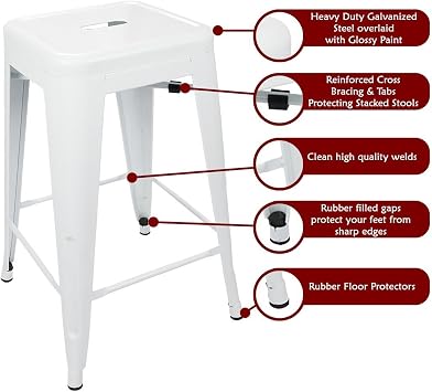 24 Inches Metal Barstool Set of 4 Counter Height Backless Bar Stool for Kitchen Island, Breakfast, Outdoors, Pub, Restaurant, Patio Stackable Heavy Duty Modern & Industrial (Glossy White)