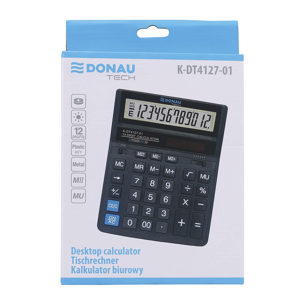 DONAU TECH/K-DT4127-01 Desktop Calculator 12-Digit Root Function 203 x 158  x 31 mm Colour: Black Calculator with 12-Digit Display Dual Power Solar ...