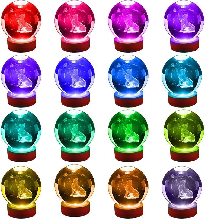 Image of 16 Color Led 3D Crystal Ball Lamp -Hand Cat Night Light, 3D Cat Crystal Ball With Butterfly, Crystal Laser Engraved Bedroom Decorative