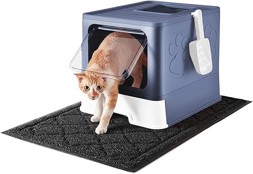 Caja de arena para gatos con alfombrilla de arena y cuchara, plegable grande con tapa, de entrada frontal para gatos con salida superior, control de
