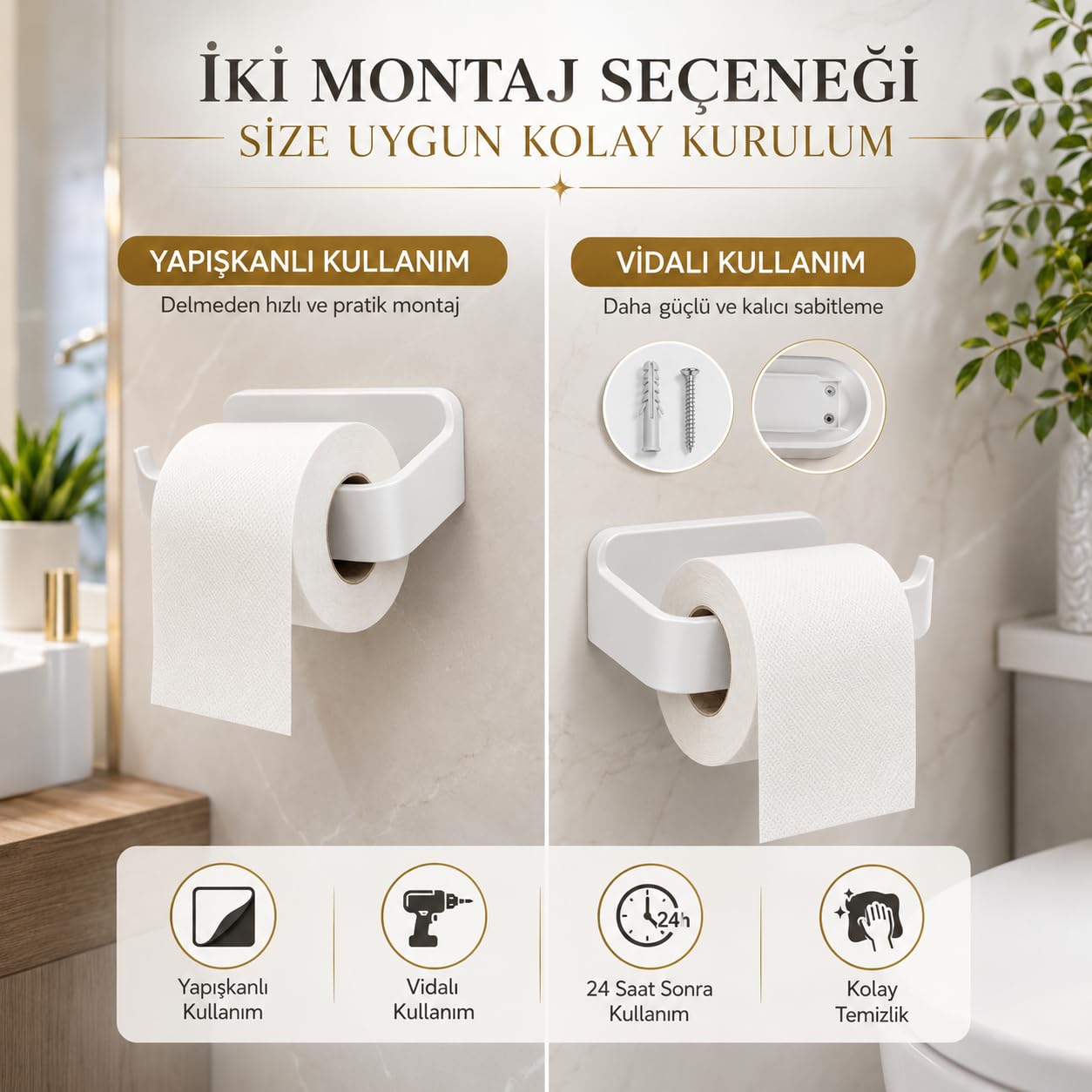 Alper Banyo Beyaz Lamalı Tuvalet Kağıtlığı, WC Kağıt Askılığı, Hem Yapışkanlı Hem Vidalı Montajlı, Açık Uç Tasarımlı Banyo Tuvalet Kağıdı Tutucu