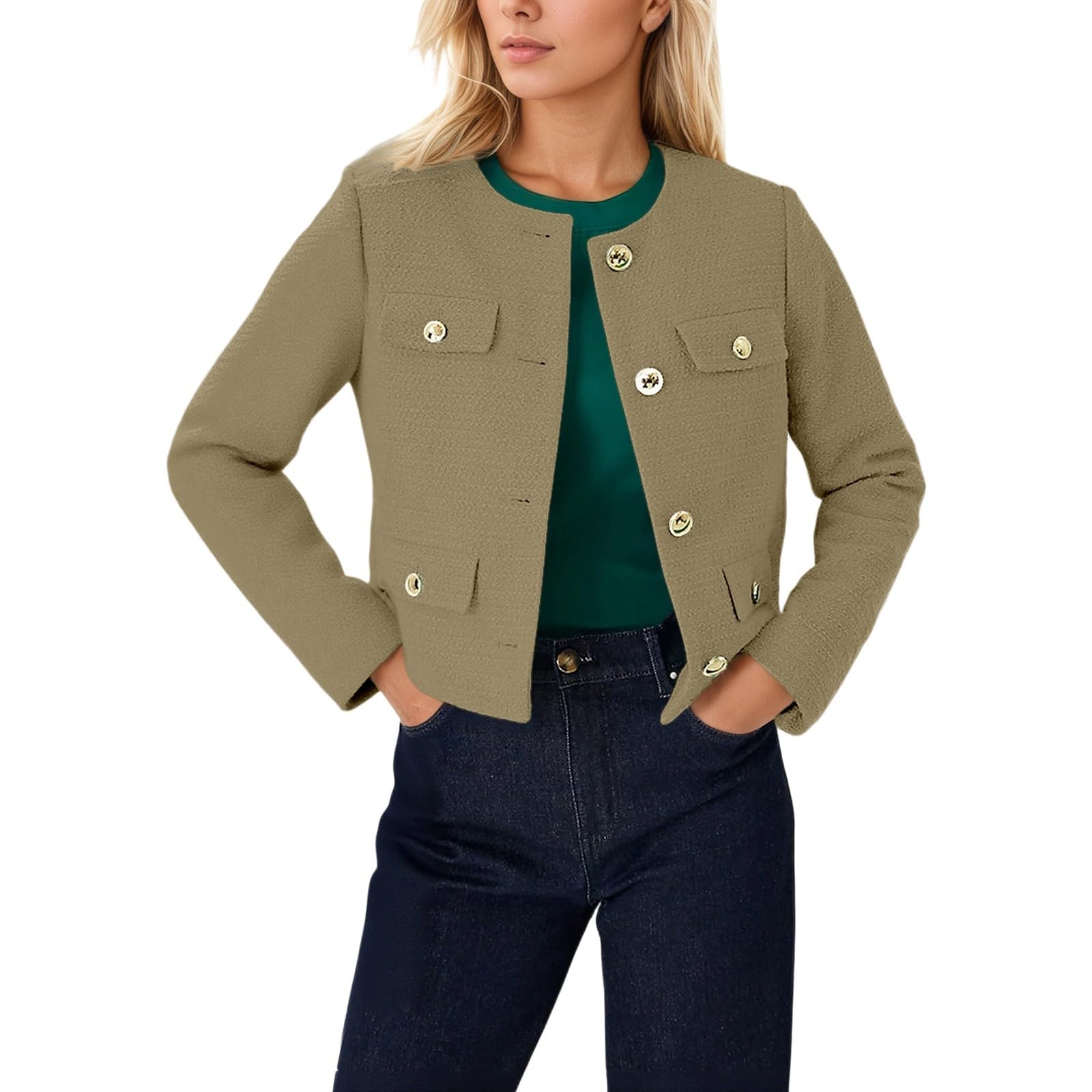 Giacca da donna in tweed blazer, girocollo, business, lavoro, ufficio, plaid, casual, per l'inverno, per l'autunno, elegante, in tinta unita, per le mezze stagioni