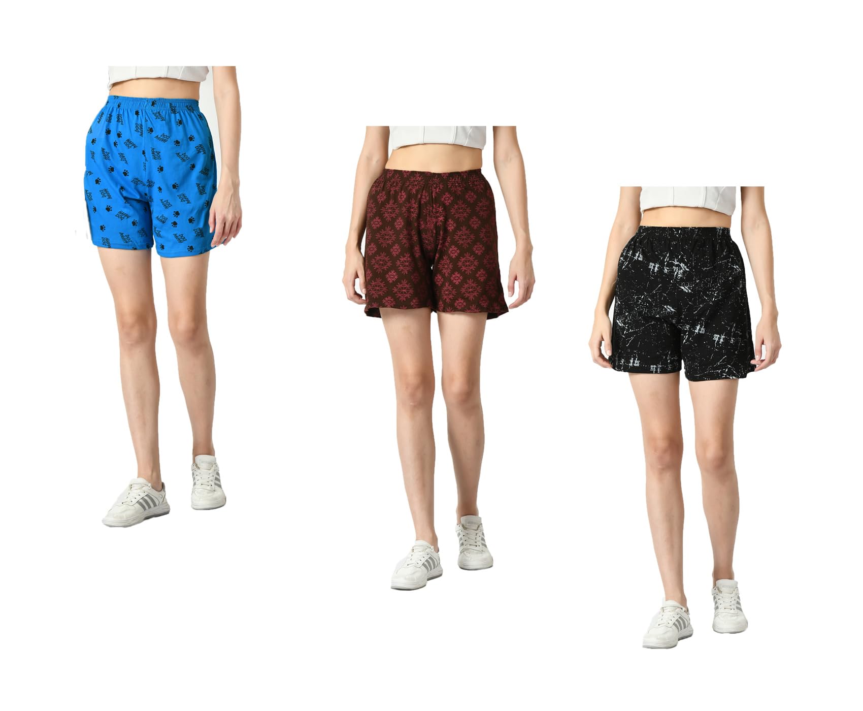 kayu Pack of 3 Women’s Cotton Printed Shorts Comfortable Elastic Waist Casual Lounge Summer Shorts for Women Blue, Brown, Black-picture-5