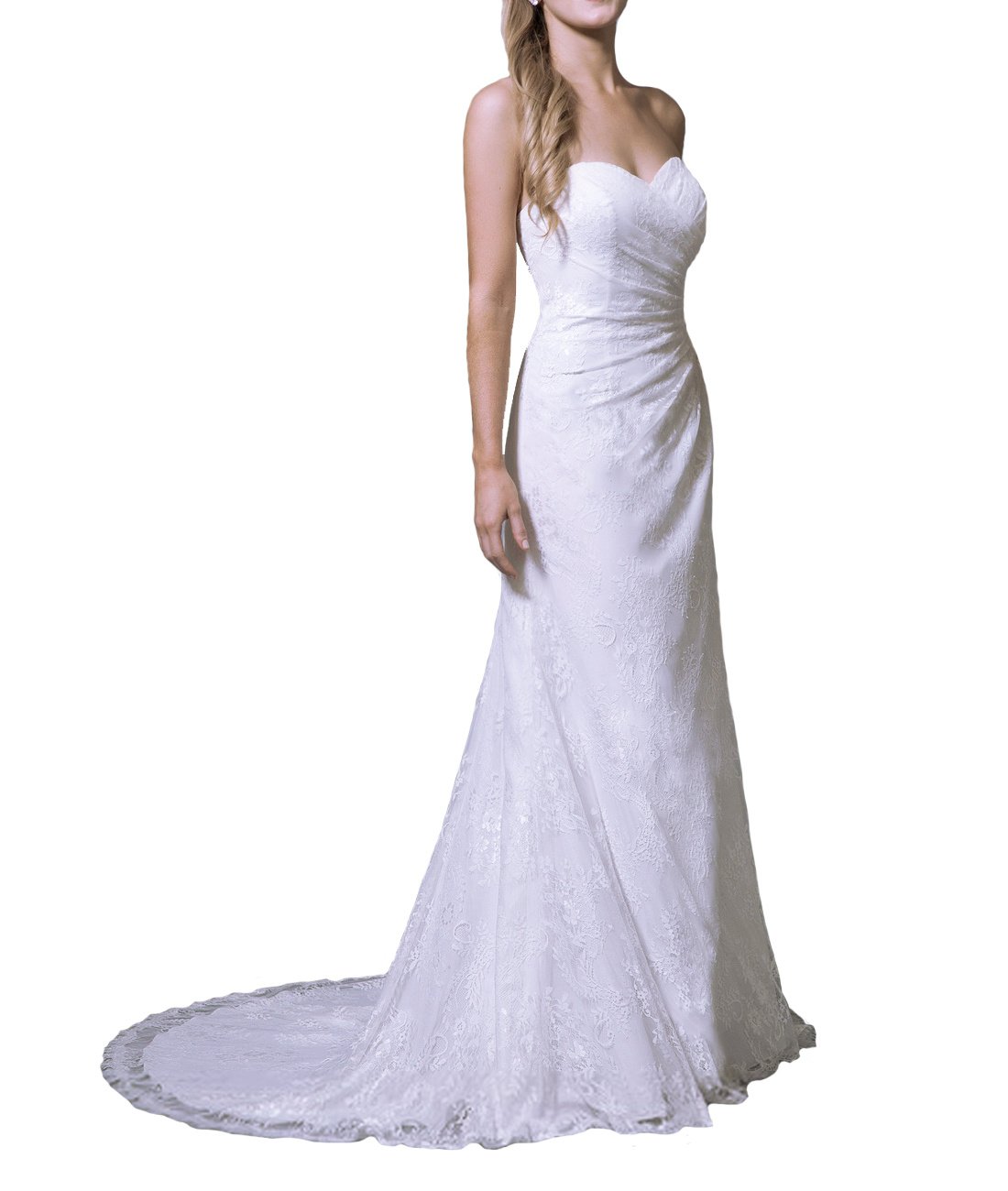 Vestido de Novia de Sirena Largo, Vestido de Novia de Playa de Encaje sin Tirantes, Blanco, 40