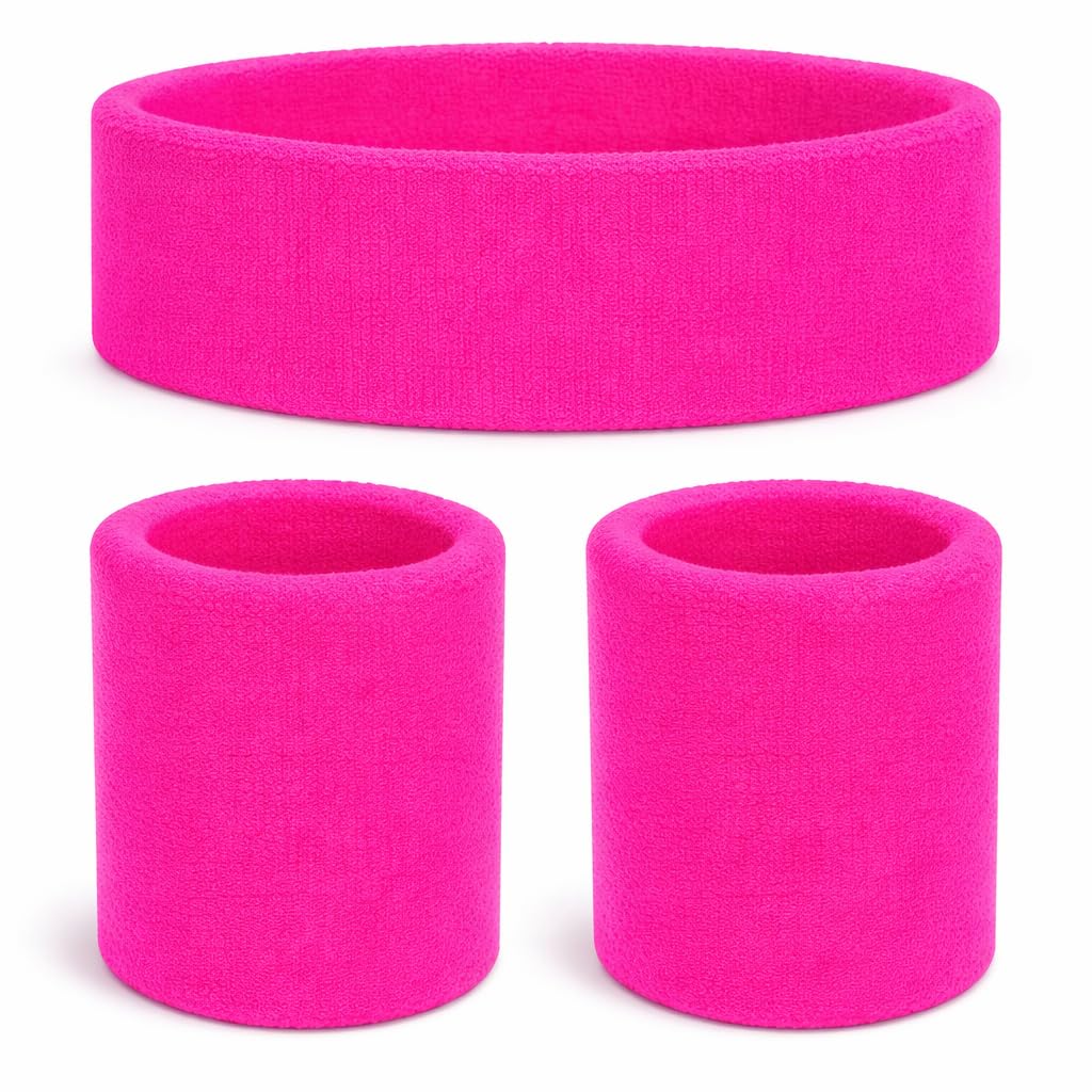 3er Set Schweißband & Stirnband Set pink - Vokuhila-Outfits & Retro der 80er und 90er - Accessoire für Fasching und Karneval
