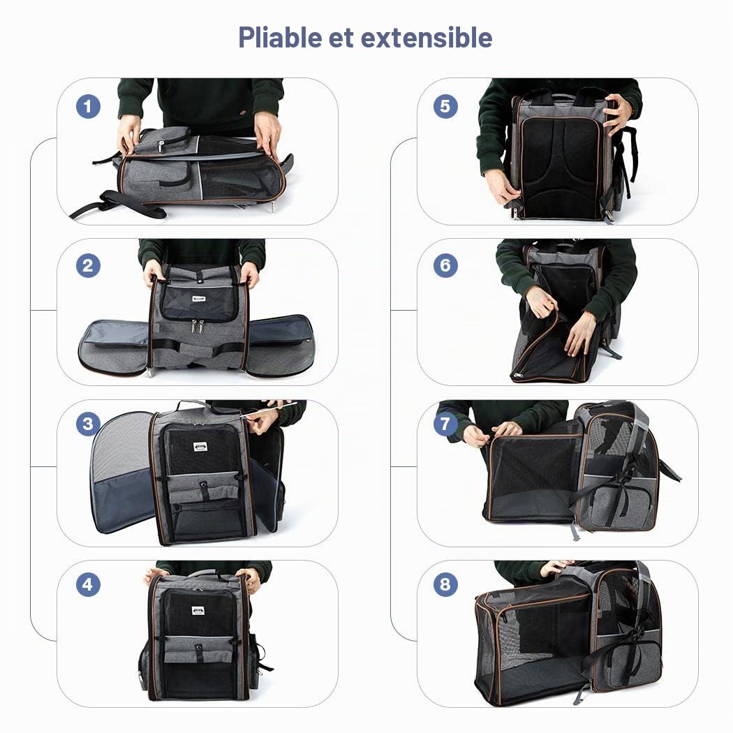 Sac Transport Chat avec 4 Entrées, pour Chien, Respirant - Sac a Dos avec Harnais Intérieur - Charge Maximale 8kg - Gris