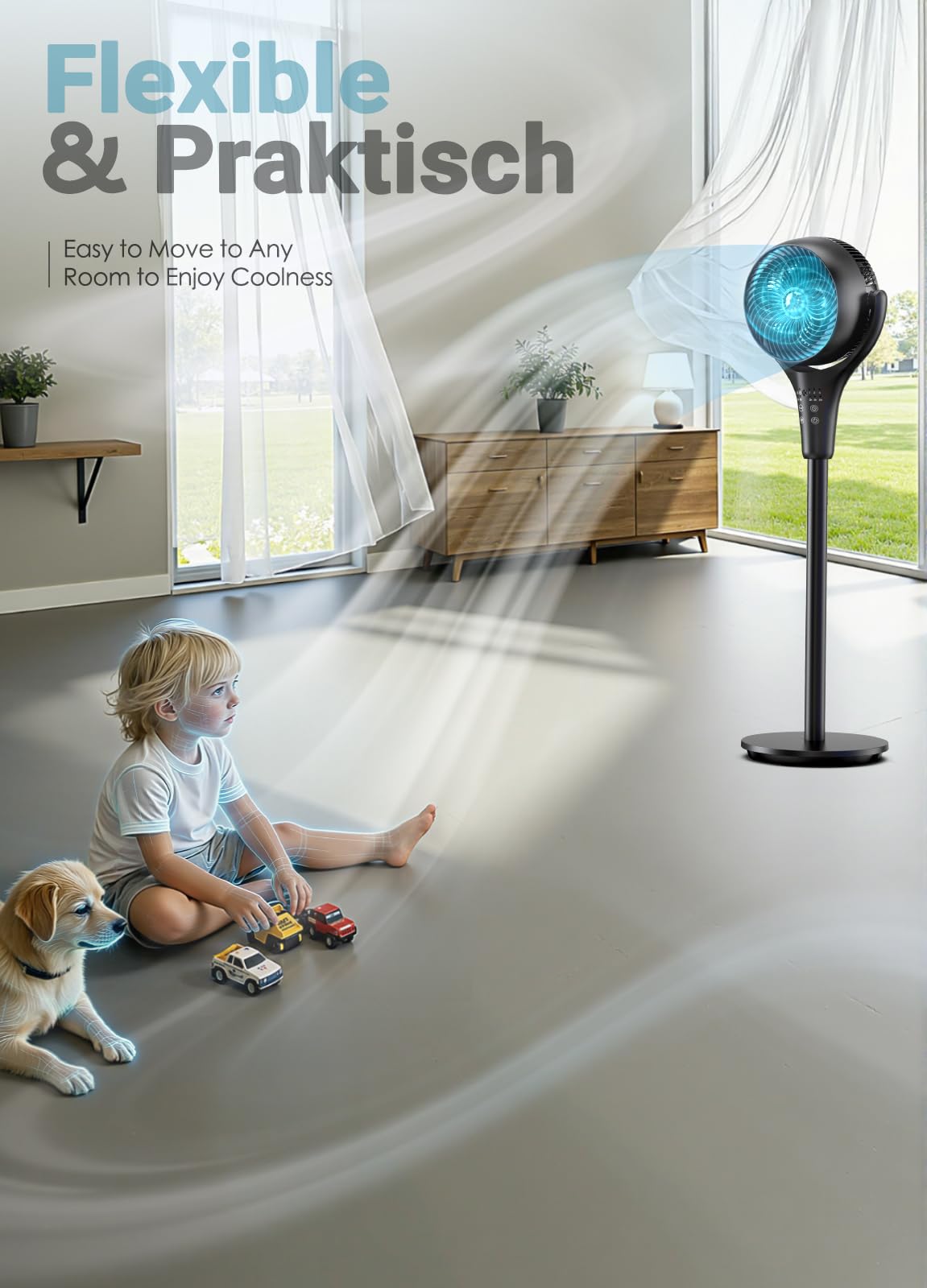Standventilator Leise 38W 1200m³/h 21M Windentfernung Turbo 3 Modi 4 Windstufen 120°+90° Oszillation