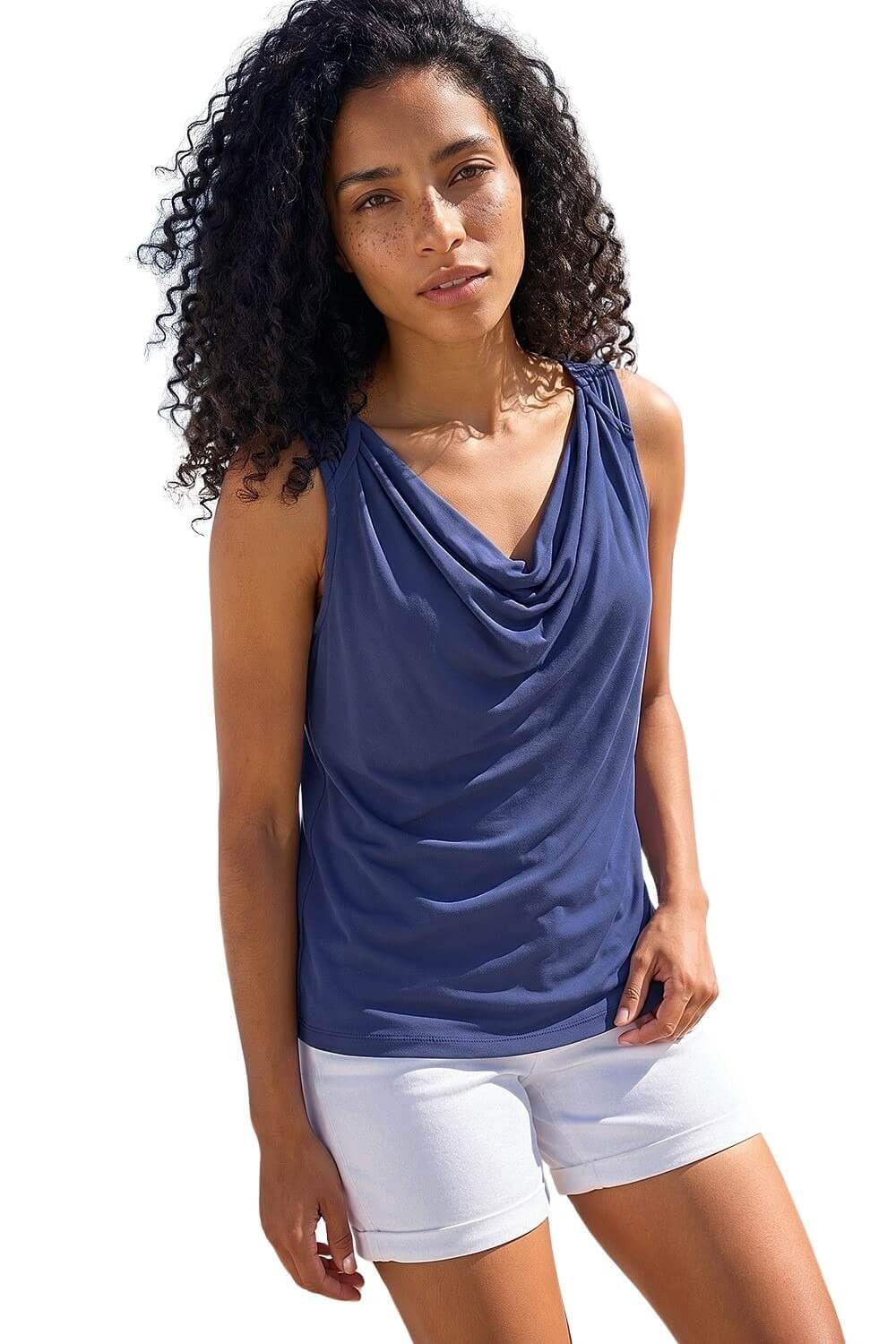Roman Originals Women's Blue Cowl Neck Stretch Top For Uk - Everyday Holiday Spring Summer Comfy Soft Evening Vacation Work Party - Navy - Size 14