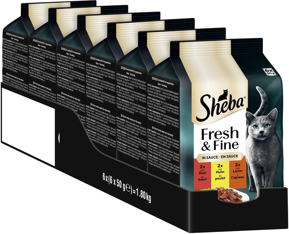 SHEBA Portionsbeutel Katzennassfutter Multipack Fresh & Fine in Sauce mit Rind und Huhn, 6x6x50g - Premium-Katzenfutter in Sauce, ideal für Ihre Katze