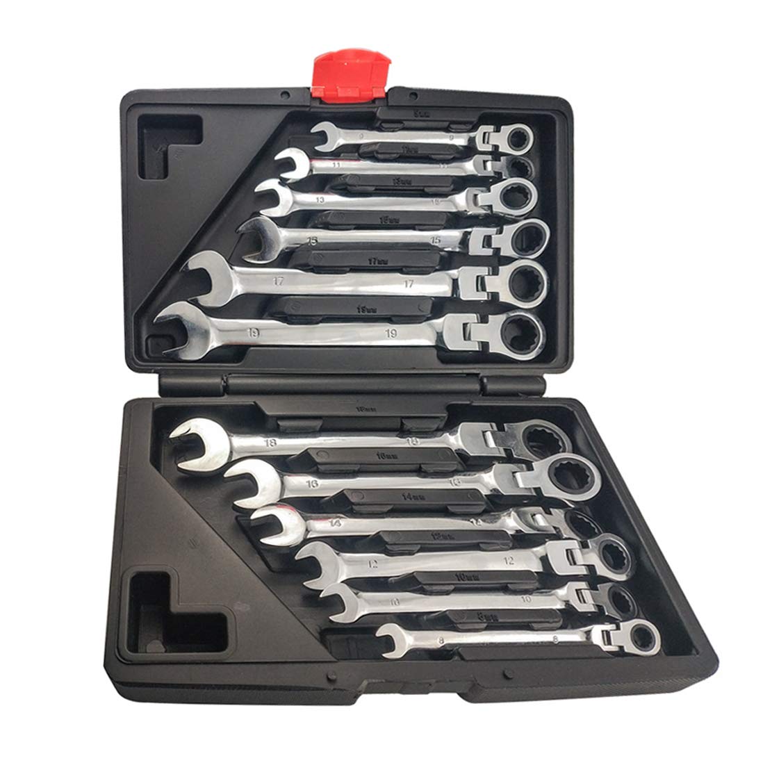 HIOD Juego de Combinación de Llave de Carraca Reversible Flexible 12 Piezas 8-19mm Métrico Uso Dual Abierto Llave de Trinquete Herramienta Incluyendo Caja de Almacenamiento