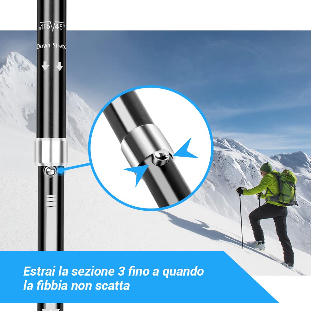 Glymnis Bastoni Trekking Bastoncini da Trekking Pieghevoli e Antiurto 110-130cm 5 Sezioni in Alluminio 7075 Impugnatura in Eva Punta in Carburo di Tungsteno per Escursioni 1 Paio
