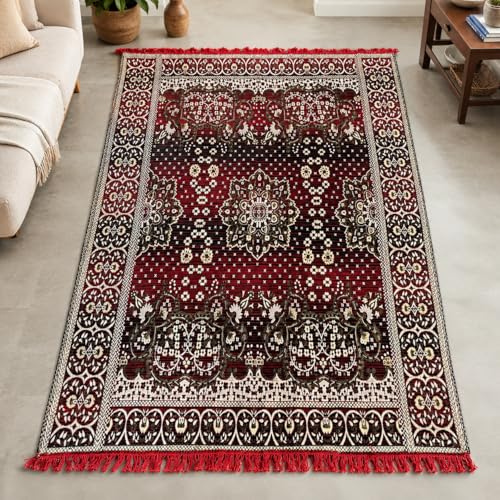 Image of 5x7 Feet Carpet for Living Room | Acrylic Cotton Area Rug | Soft, Durable & Lightweight | Anti-Slip Floor Rug for Bedroom, Hall, Office | Large Washable Carpet (Golden RED)