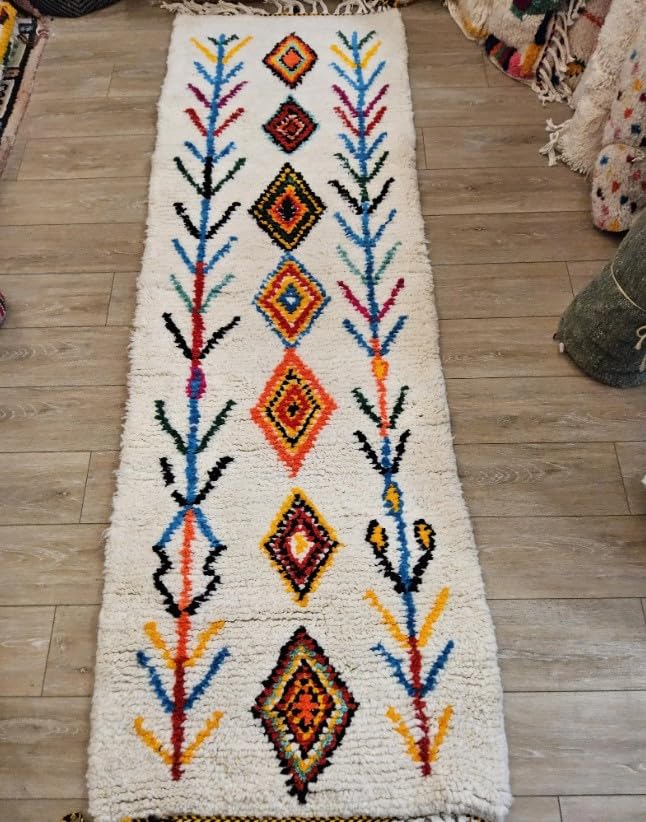 Générique Tifinagh Shop - Tapis Berbère Azilal Multicolore 245 x 80 cm - Authentique Tapis Marocain Fait Main en Laine - Motifs Traditionnels - Pièce Unique