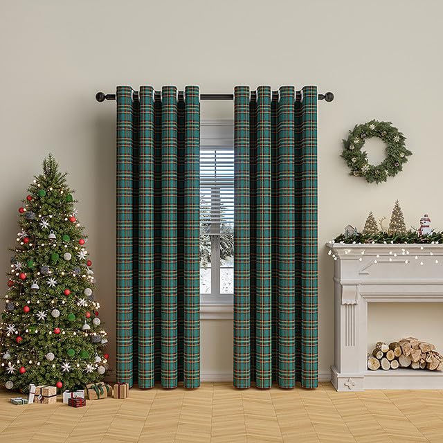 Rosnek Eyelet Curtains, W52''xH84'' Tartan Curtains for Living Room Bedroom, Eyelet Thermal Semi-Shading in Striped Curtain, Soft Decorative Woven Check(Olive Green Plaid, 2 Pieces)