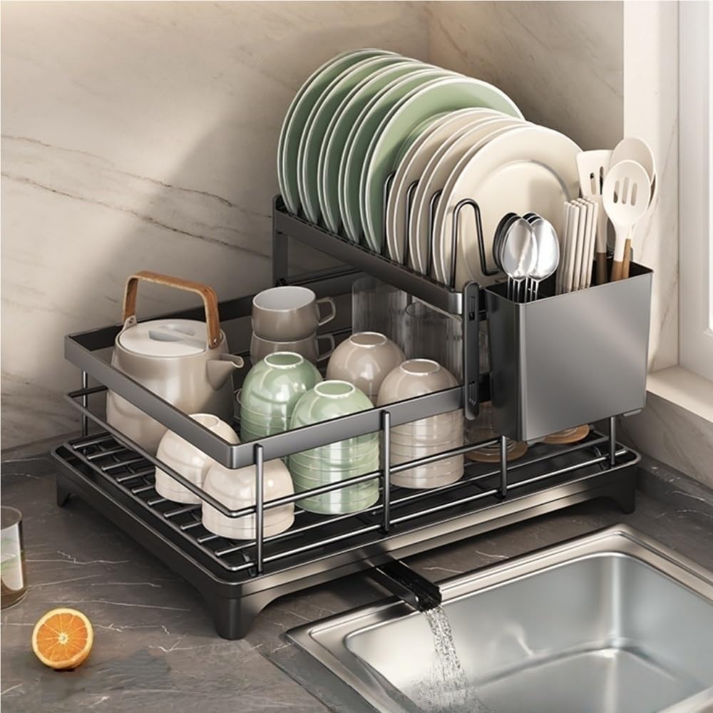Goxyffmnv Dish Storage Rack, Kitchen Cutlery Rack, Multi-Layer Drain Rack, Metal Dish Rack, Multifunctional Storage Stand for Kitchen, Dining Room(Black)